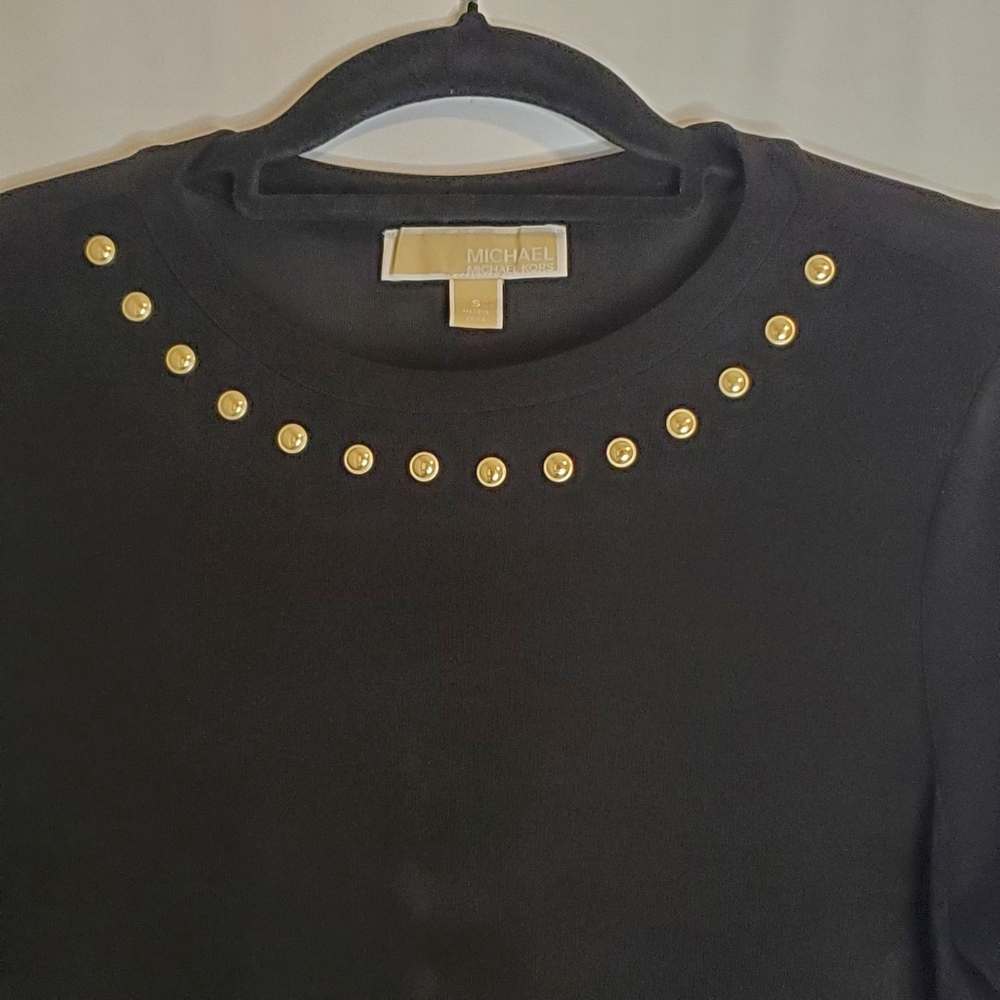 Michael Kors Size S, Black slinky soft knit 3/4 sl dress w/gold grommet trim - Picture 3 of 9